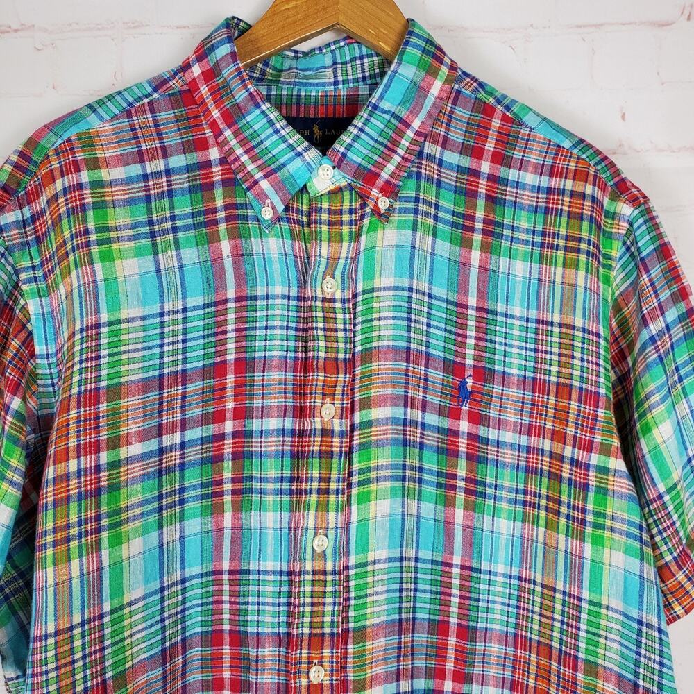 Ralph Lauren 100% Linen Shirt Mens XL Plaid Short Sleeve Button Down Multi Color - Picture 6 of 11
